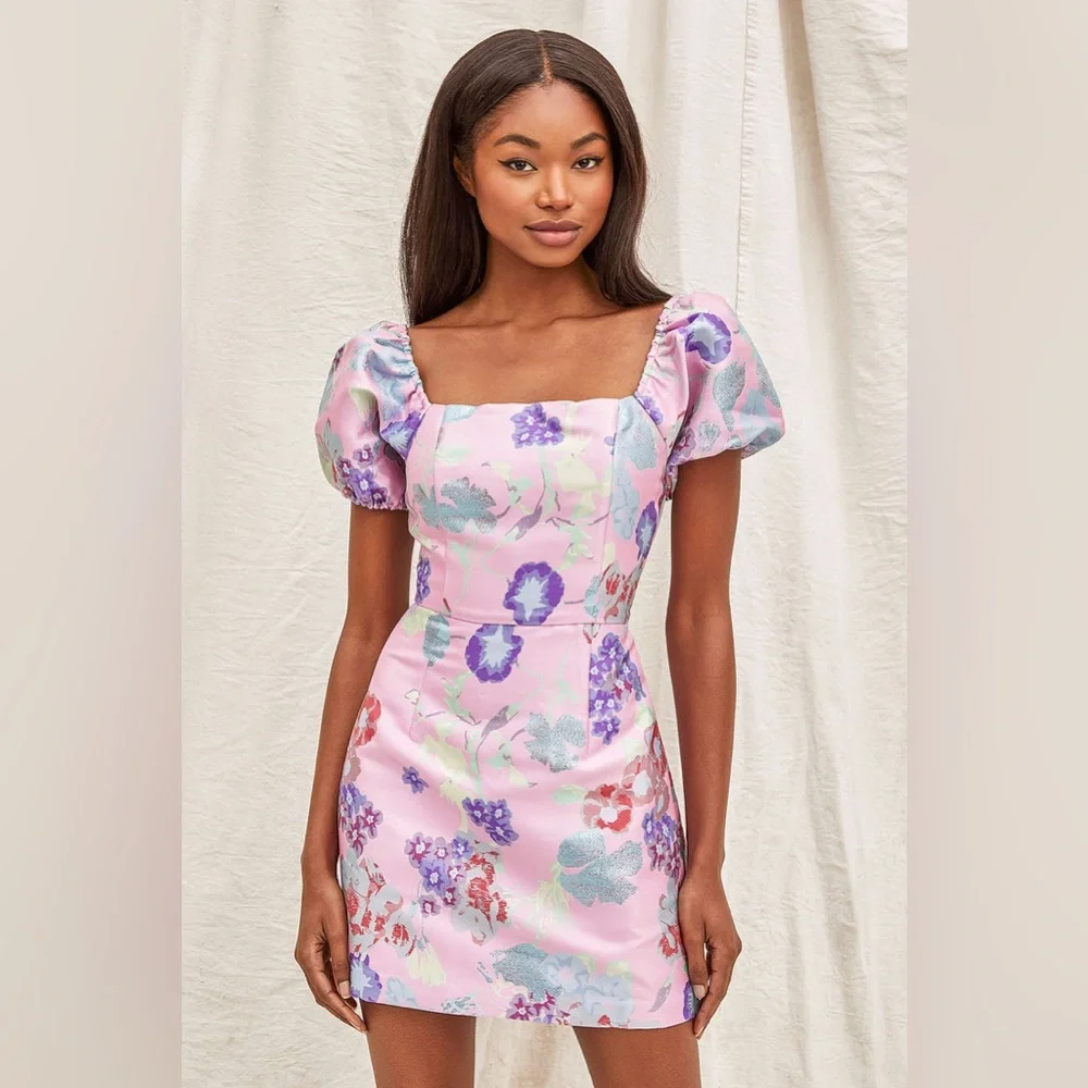 NWOT Lulus So Stunning Pink Multi Floral Jacquard Puff Sleeve Mini Dress